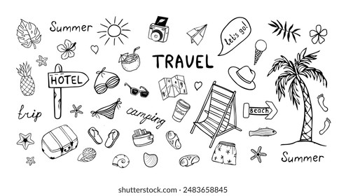 Hand drawn set of traveling doodles, vector elements isolated on a white background. Objects for recreation, travel, vacations and parties.