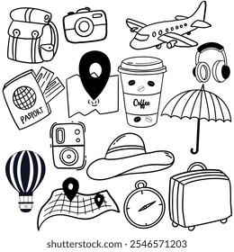 Hand drawn set of traveling doodles, Summer doodle stickers set. Tropical vacation on beach scrapbooking collection. Plane, ticket, and other travel elements. 