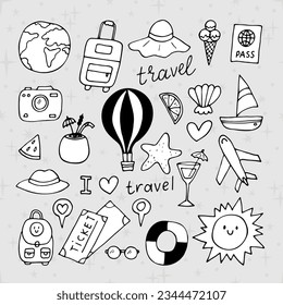 Hand drawn set of traveling icons. Holiday, vacation, travel journey. Summer collection. Design elements. Vector illustration