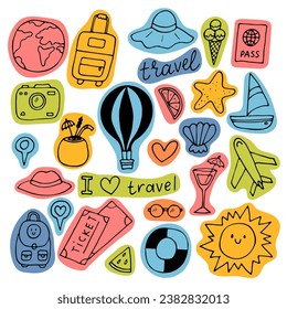 Hand drawn set of traveling icons. Holiday, vacation, travel journey. Summer collection. Design elements. Vector illustration