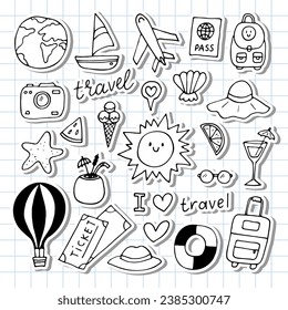 Hand drawn set of traveling icons. Holiday, vacation, travel journey. Summer collection. Design elements. Vector illustration