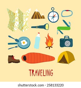 Hand drawn set of traveling stuff. Editable isolated objects