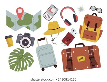 Conjunto dibujado a mano con objetos de viaje, turismo de aventura, viajar en avión, vacaciones de verano. Ilustraciones vectoriales aisladas en blanco