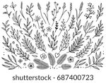 Hand drawn set of tree branches with leaves, flowers, field grass, decorative dividers, design elements