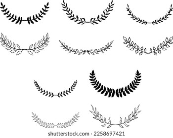 Hand drawn set of tree branches with leaves, flowers, field grass, decorative dividers