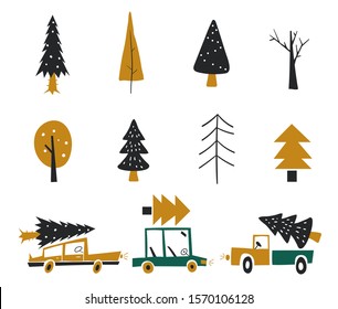 Hand drawn set of trees. Abstract doodle drawing woods. Holiday poster with Christmas symbols. Hand drawn tree icons. Doodles and sketches. Christmas tree on toy car.