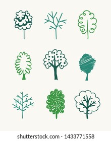 Hand drawn set of trees. Eco background. Abstract  doodle drawing woods. Vector art illustration plants