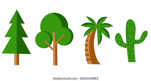 Hand drawn set of trees and leaves collection made with flat design vector elements. Botanical set of bare trees and one with leaves and lush green.
