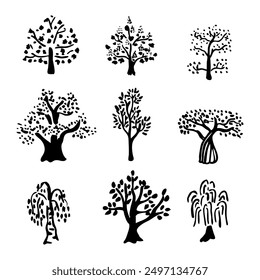 Hand drawn set of trees silhouettes isolated on the white background. Collection of trees, vector illustration