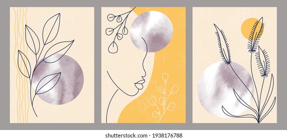 Hand drawn set of trendy abstract creative minimalist illustrations. Wall art drawing with abstract shape. For postcard, poster, social media story design.