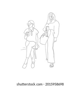 Hand drawn set trendy girls with coffee. Coloring fashion illustration. Woman. Character. Flat person design. Linear female silhouette. Vector for sticker, cover, poster. 