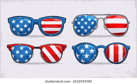 Hand drawn set of trendy sunglasses in American flag pattern, celebrating 4th of July in style, honoring veterans day and memorial day