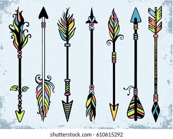 Hand drawn set of tribal arrows, native american poster, T-shirt print. Tribal elements collection. Ethnic collection with arrows. 