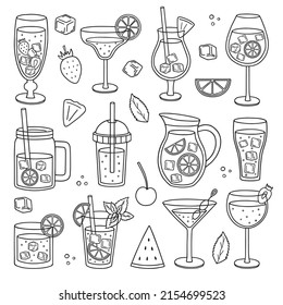 Hand drawn set of Tropical exotic cocktails doodle.  Summer drinks in sketch style.  Vector illustration isolated on white background.