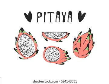 Hand drawn set of tropical fruit and text. Vector artistic drawing food. Summer illustration pitaya