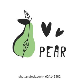 Hand drawn set of tropical fruit and text. Vector artistic drawing food. Summer illustration pear