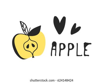 Hand drawn set of tropical fruit and text. Vector artistic drawing food. Summer illustration apple