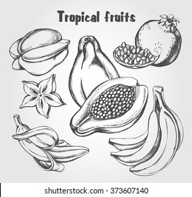 Hand drawn set of tropical fruits - carambola, guava, bananas, pomegranate. Vector isolated illustration.