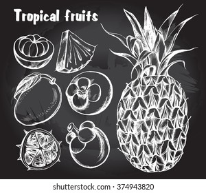 Hand drawn set of tropical fruits - mango, mangosteen, kiwano, pineapple. Vector isolated illustration on blackboard.
