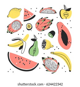 Conjunto desenhado à mão de frutas tropicais. Padrão de vetor sem costura artístico com comida. Ilustração de verão melancia, banana, pitaya, mamão, pêra, maçã, limão, maracujá e kiwi