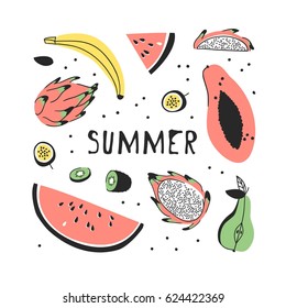 Hand drawn set of tropical fruits. Vector artistic seamless pattern with food. Summer illustration watermelon, banana, papaya, pitaya, pear, passion fruit and kiwi