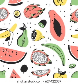 Hand drawn set of tropical fruits. Vector artistic seamless pattern with food. Summer illustration watermelon, banana, papaya, pitaya, pear, apple, lemon, passion fruit and kiwi