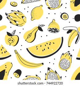 Hand drawn set of tropical fruits. Vector artistic seamless pattern with food. Summer illustration watermelon, banana, papaya, pitaya, pear, apple, lemon, passion fruit and kiwi