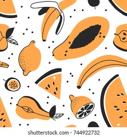 Hand drawn set of tropical fruits. Vector artistic seamless pattern with food. Summer illustration watermelon, banana, pear, apple, lemon and passion fruit