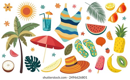 Hand drawn set of tropical summer elements with fruits, palm, plants, swimsuit, hat, cocktail, ice cream. Cartoon style vector illustration.