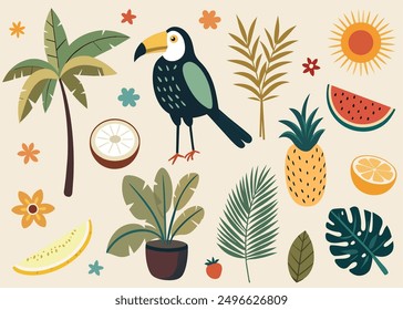 Hand drawn set of tropical summer elements with fruits, palm, plants, tropic bird. Cartoon style vector illustration.