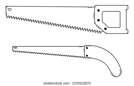 Hand drawn set of two hacksaws. Tool for cutting wood. Doodle style. Vector