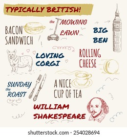 Hand drawn set of typically british habits, as rolling cheese, Big Ben, bacon sandwich, Sunday roast, mowing loan