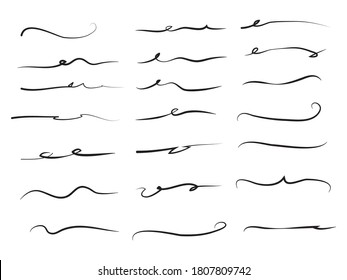 Hand drawn set of underline, curly swishes, swashes, swoops. swirl. Highlight text elements. vector illustration