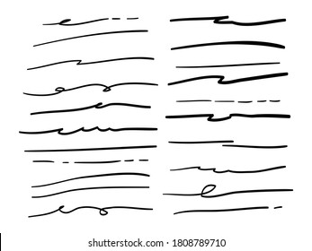 Hand drawn set of underline, curly swishes, swashes, swoops. swirl. Highlight text elements. vector illustration