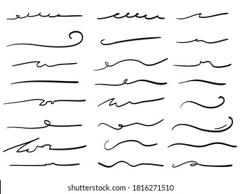 Hand drawn set of underline, curly swishes, swashes, swoops. swirl. Highlight text elements. vector illustration