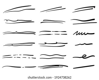 Hand drawn set of underline, curly swishes, swashes, swoops. swirl, signature. Highlight text elements. doodle vector illustration	