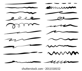 Hand drawn set of underline, curly swishes, swashes, swoops. swirl, signature. Highlight text elements. doodle vector illustration	