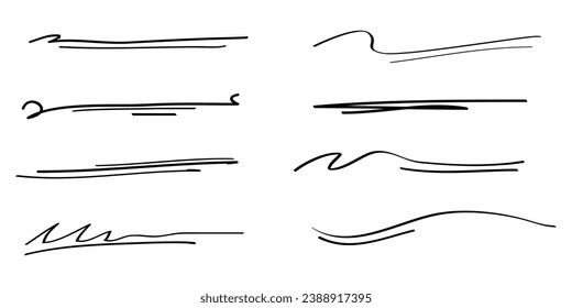 Hand drawn set of underline, curly swishes, swashes, swoops. swirl. Highlight text elements. vector illustration