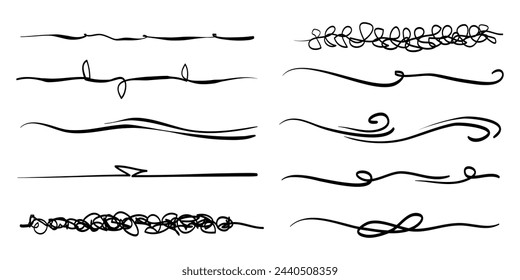 Handgezeichnetes Unterstreichungsset, lockige Schwünge, Schwünge, Stöße. Wirbel. Markieren Sie Textelemente. Vektorgrafik