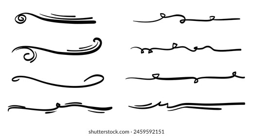 Hand drawn set of underline, curly swishes, swashes, swoops. swirl. Highlight text elements. vector illustration