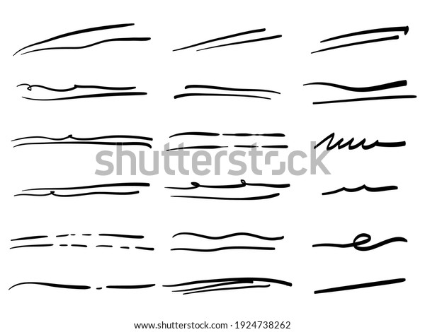 Hand drawn set of underline, curly
swishes, swashes, swoops. swirl, signature. Highlight text
elements. doodle vector
illustration	