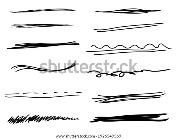 Hand drawn set of underline, curly swishes,\
swashes, swoops. swirl, signature. Highlight text elements. doodle\
vector illustration