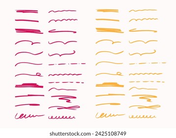Hand drawn set of underline note elements in doodle style. Marker brush highlight collection in red and yellow. Vector illustration in grunge style.