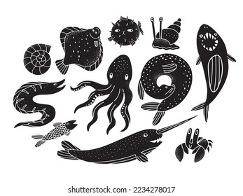 El conjunto está dibujado a mano con animales subacuáticos y peces de estilo silueta o linocut. Ilustración vectorial aislada con efecto texturizado