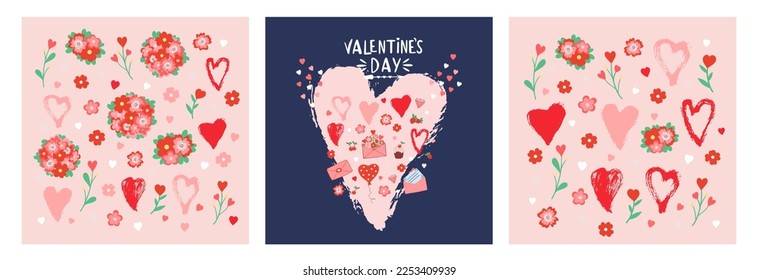Hand drawn set of Valentine's Day invitation cards with heart, flower, envelope, balloon, text. Love symbol. Marker and brush heart. Colorful romantic collection. Valentine doodle vector illustration