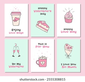 Hand Drawn Set of Valentine's Day Cards with Doodle Icons and Greeting Texts. Design Posters Greeting Templates. Love Backgrounds for Mother's, Women's Day. Banner for Web, Social Media, Story, Sale.