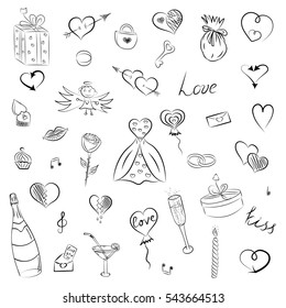 Hand Drawn Set of Valentine's Day Symbols. Children's Funny Doodle Drawings of Hearts, Gifts, Rings, Balloons. Sketch Style.  Vector Illustration.