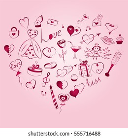 Hand Drawn Set of Valentine's Day Symbols. Children's Funny Doodle Drawings of Red Hearts, Gifts, Rings, Balloons Arranged in a shape of Heart. Sketch Style Vector Illustration