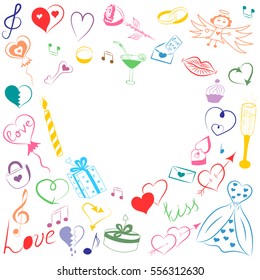 Hand Drawn Set of Valentines Day Symbols. Children's Funny Doodle Drawings of Colorful Hearts, Gifts, Rings, Balloons and Candle. Sketch Style Vector Illustration.
