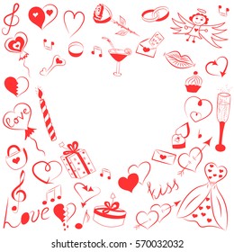 Hand Drawn Set of Valentines Day Symbols. Children's Funny Doodle Drawings of Red Hearts, Gifts, Rings, Balloons and Candle. Sketch Style. Vector Illustration.